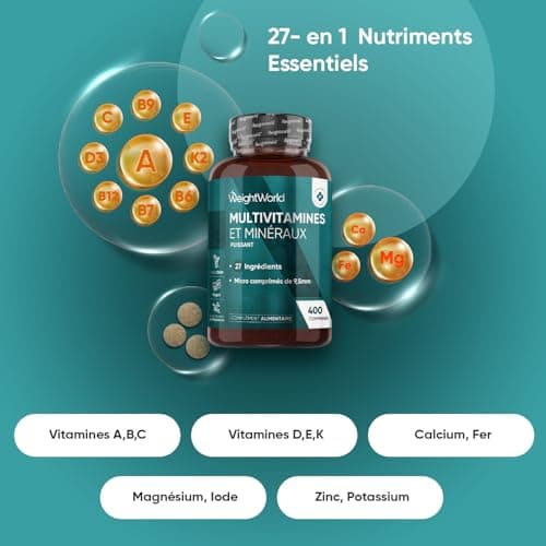 Multivitamines et Minéraux Vegan 400 Comprimés (+1 An), 27 Nutriments Essentiels pour Homme et Femme