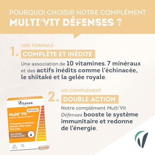 VITAVEA BIEN-ETRE - Multi’vit Défenses 30 gélules - Vitamine C, D, B6, B12 + Gelée royale & Shiitaké pour renforcer l’im