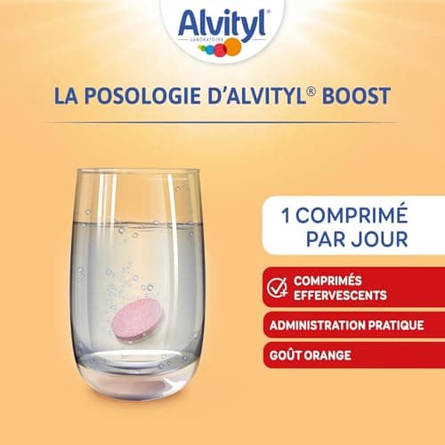 Alvityl Comprimés Boost Effervescents Ginseng et Caféine - 10 Vitamines - 2 Minéraux - 15 Ans + - 20 Jours - Rouge - 20