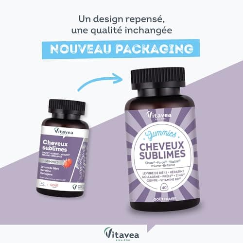 Vitavea Gummies Cheveux Sublimes - Favorise la Pousse - Biotine, Levure de Bière, Kératine, Zinc, Collagène - Anti-Chute