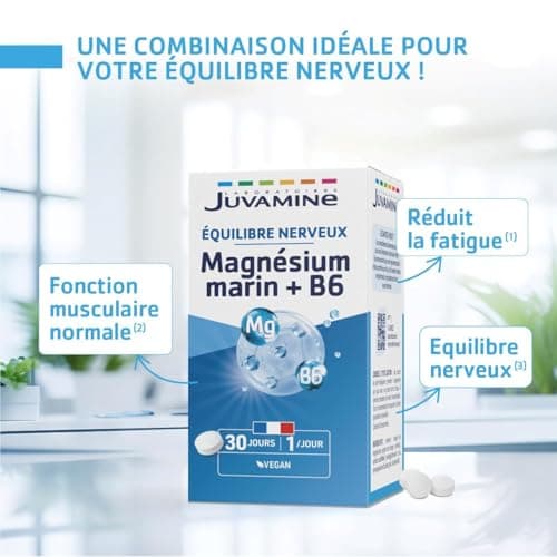 JUVAMINE Magnésium Marin 300mg + Vitamine B6 - Comprimés pour Réduire le Stress et la Fatigue - 30 Comprimés (1 Mois d'A