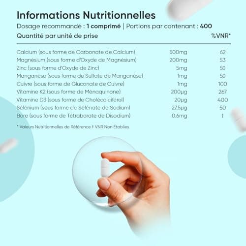 Calcium Magnésium Zinc Vitamine D3 K2 MK7 Vegan 400 Comprimés pour Ados et Adults - Multivitamines et Minéraux Forts en