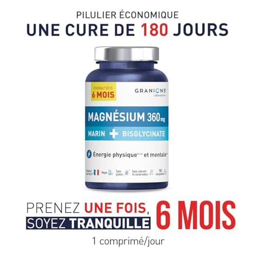 GRANIONS Magnésium Marin + Magnésium Bisglycinate | Bien-être anti-stress | 180 Comprimés | Format 6 mois