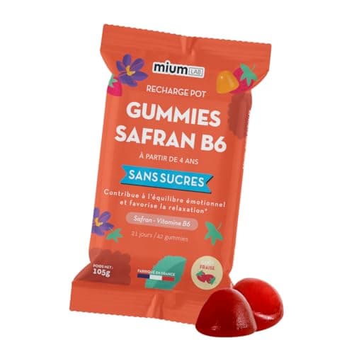Mium Lab Gummis de Safrane pour Enfants & Adultes - Sans Sucre, Hautement Dosé en Safran & Vitamine B6 - Fabriqué en Fra — 1 Éco-recharge Saveur Fraise