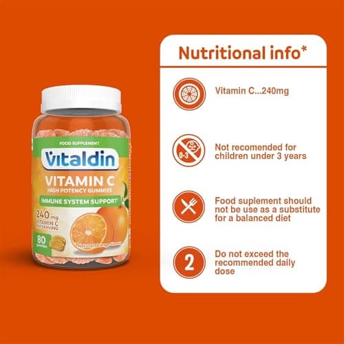 VITALDIN Vitamine C Gummies - Renforce le Système Immunitaire - Sans Gluten - 80 Gommes (240 mg par dose) - Pour Enfants