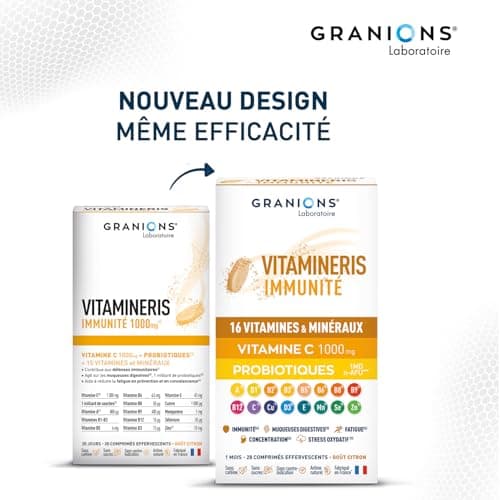 GRANIONS VITAMINERIS IMMUNITE | Vitamine C 1000mg, Vitamine A, 16 Vitamines et Minéraux, Immunité et Santé, Concentratio