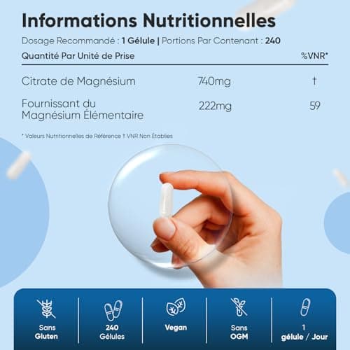 Citrate de Magnésium Vegan 240 Gélules - Pour Femmes et Hommes - 8 Mois d'ApprovisionnementMusclée - Sans Gluten - Sans