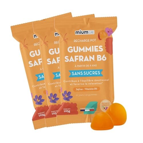 Mium Lab Gummis de Safrane pour Enfants & Adultes - Sans Sucre, Hautement Dosé en Safran & Vitamine B6 - Fabriqué en Fra — 3 Éco-recharges