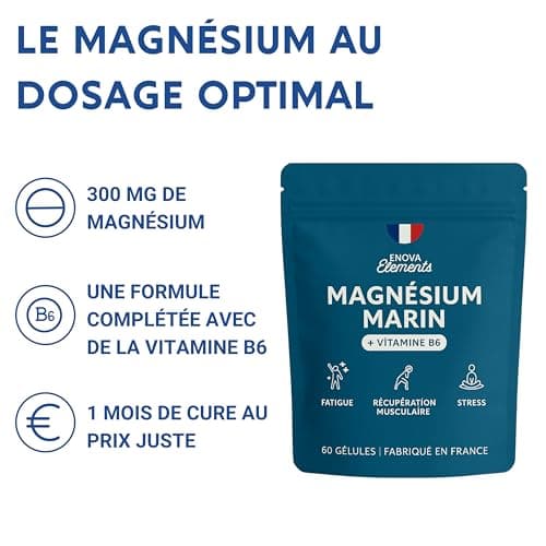 MAGNÉSIUM MARIN 300 mg + Vitamine B6 | Récupération musculaire, Stress, Fatigue | 60 gélules végétales | Complément alim