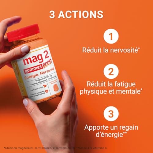 MAG 2 Gommes BOOST Magnésium, Taurine et Vitamine C - Gommes Anti-Stress et Anti-Fatigue - Sans Sucres Ajoutés - Arôme N