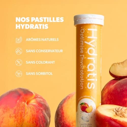 HYDRATIS Pastilles Effervescentes Pêche - Optimise l'Hydratation - Faible en Sucre - Goûts Légers - Sport, Récupération