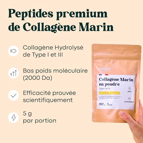 Collagène Marin Essentials by Novoma 157g, Peptides Hydrolysés 2000 DA, Peau Hydratée & Articulations Souples, 5g par jo