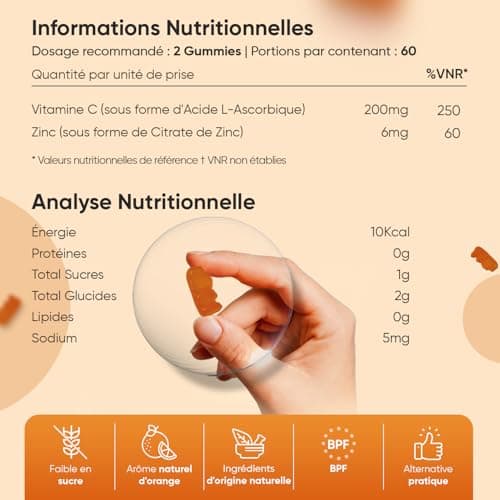 Vitamine C Gummies avec Zinc - 200mg + 6mg Vit C & Zinc, Gommes Vegan Naturelles, pour Adultes et Enfants dès 3 Ans (120