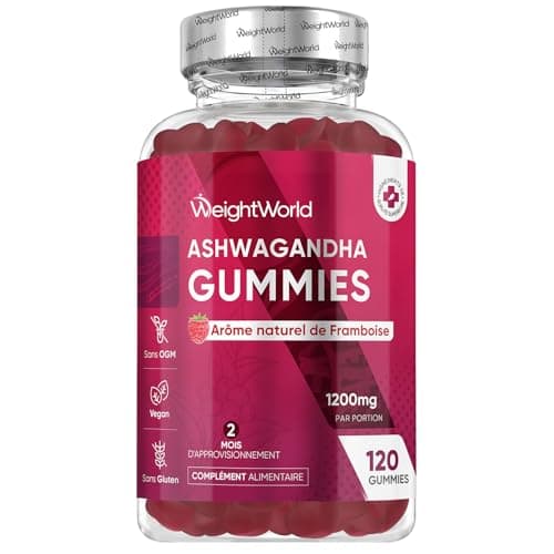Ashwagandha Gummies Vegan 1200mg, Framboise, Ginseng Indien pour 2 Mois - Bon Alternative aux Gélules
