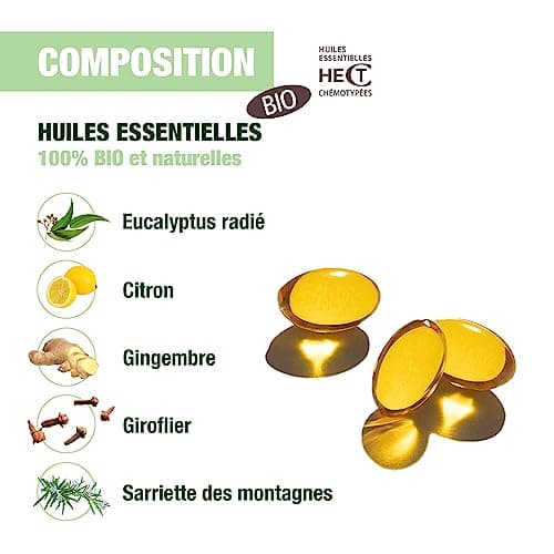 PRANARÔM Oléocaps Système Immunitaire Huiles Essentielles Ciblées aux Élémentaires Eucalyptus Radié, Citron, Gingembre,