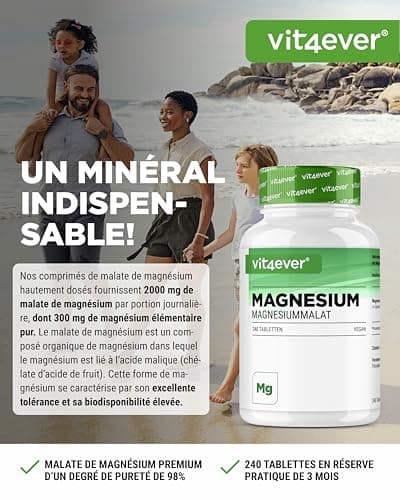 Malate de magnésium 2000 mg - 240 comprimés hautes doses et haute biodisponibilité - Vegan sans additif indésirable - Su