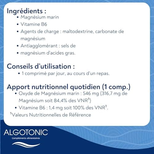 Algotonic Magnésium Marin Vitamine B6 546 mg/comprimés - 90 Comprimés - Cure 90 jours - 100% naturel - Vitalité - Renfor