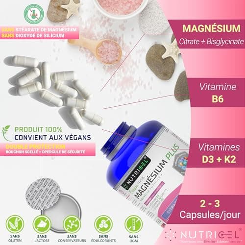 Magnésium Bisglycinate et Citrate 2177mg avec Vitamines B6, D3 et K2 - Haute Absorption - Combattre le Fatigue et le Str