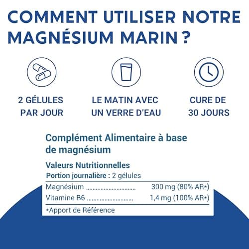 MAGNÉSIUM MARIN 300 mg + Vitamine B6 | Récupération musculaire, Stress, Fatigue | 60 gélules végétales | Complément alim