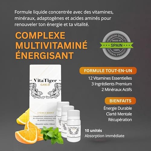 VitaTiger Gold – Multivitamines Liquides Énergie Bien-être Quotidien Ginkgo Cordyceps Taurine 10x10ml