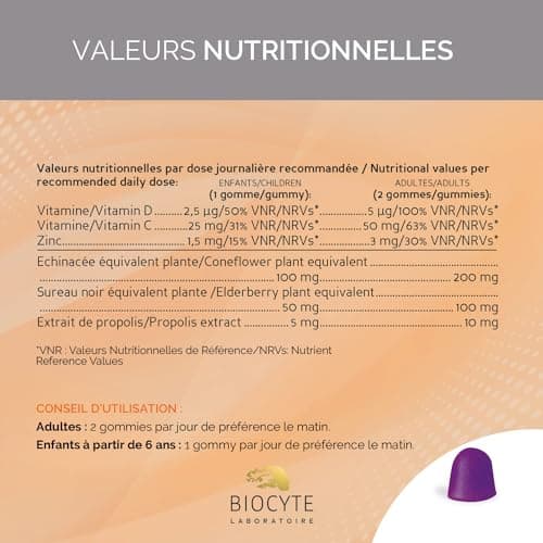BIOCYTE Immunité Gummies pour Défenses Immunitaires - Vitamine D, C, Zinc, Echinacée, Merlot et Propolis - 60 Douces Gom