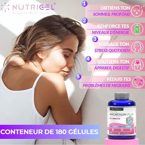 Magnésium Bisglycinate et Citrate 2177mg avec Vitamines B6, D3 et K2 - Haute Absorption - Combattre le Fatigue et le Str