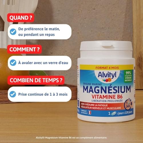 Magnésium et Vitamine B6 Alvityl - Libération Prolongée - Stress et Fatigue - Comprimés Marine 120 Jours