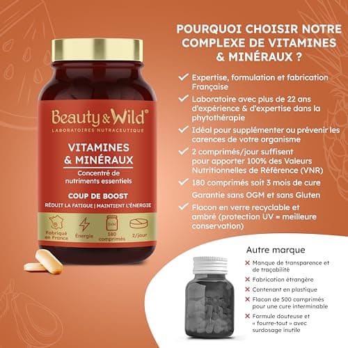Multivitamines et Minéraux Anti-fatigue Énergie Vitalité Cheveux Ongles Made in France 180 Comprimés Beauty & WILD