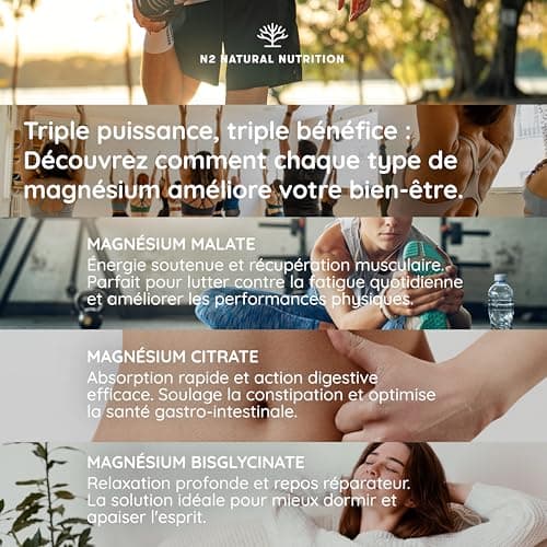 N2 Natural Nutrition Magnésium Trio (Bisglycinate, Citrate, Malate) 220 mg - Anti-Stress & Fatigue, Pour Digestion, Musc