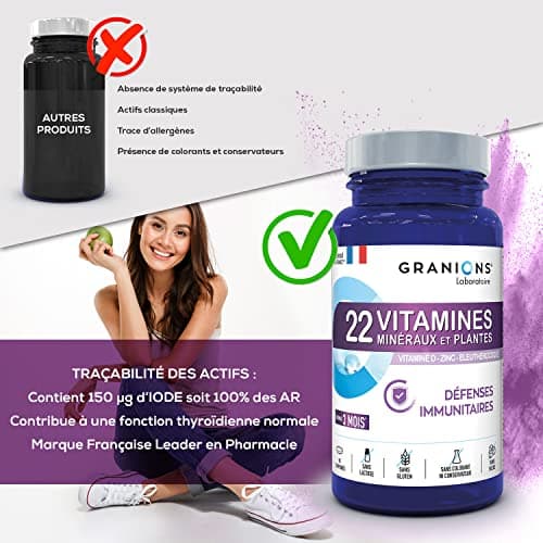 Multivitamines GRANIONS 22 Vitamines Adultes Immunité - Magnésium Zinc Vitamine B12 D3 - 90 Comprimés 3 Mois Fabriqué en