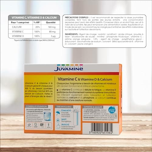 JUVAMINE - Vitamines C et D & Calcaire - Traitement Anti-Fatigue - Pour Une Vitalité Renforcée - 30 Comprimés Effervesce