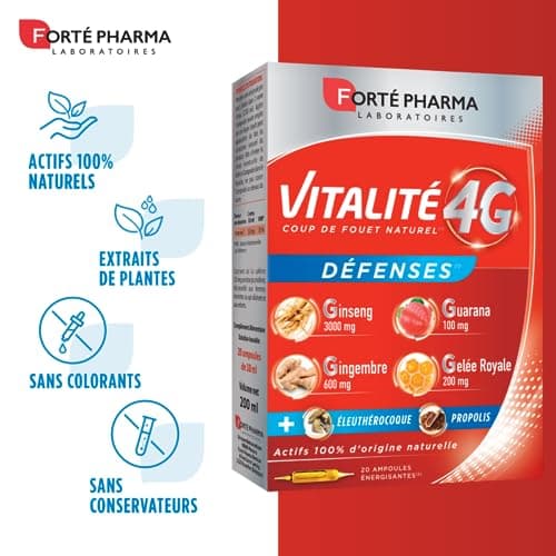 Forté Pharma Vitalité 4G Défenses Complément Alimentaire Energie Ginseng Ginger Guarana Gelée Royale 20 ampoules Boost é