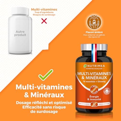 Multivitamines et Minéraux Nutrimea - 16 Vitamines & Minéraux + GINSENG - Énergie & Vitalité - Fabrication Française