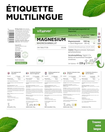 Malate de magnésium 2000 mg - 240 comprimés hautes doses et haute biodisponibilité - Vegan sans additif indésirable - Su