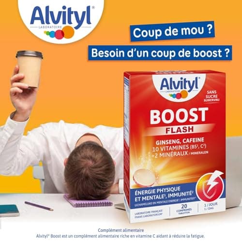 Alvityl Comprimés Boost Effervescents Ginseng et Caféine - 10 Vitamines - 2 Minéraux - 15 Ans + - 20 Jours - Rouge - 20