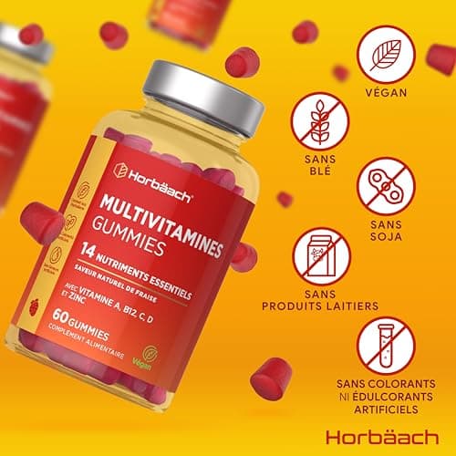 Horbaach Multivitamines Gummies Adulte 14 Vitamines Essentielles et Zinc - 60 Gummies Vegan - Multivitamines pour Adulte