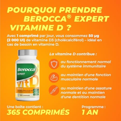 Berocca Expert Vitamine D3 2000 UI – Complément Alimentaire Immunité Os Muscles Dents – 365 Comprimés Végétariens Haut D