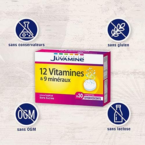 JUVAMINE 12 Vitamines & 9 Minéraux Anti-Fatigue & Anti-Stress, Programmes de 30 Jours, Comprimés Effervescents Arôme Tro