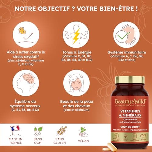 Multivitamines et Minéraux Anti-fatigue Énergie Vitalité Cheveux Ongles Made in France 180 Comprimés Beauty & WILD