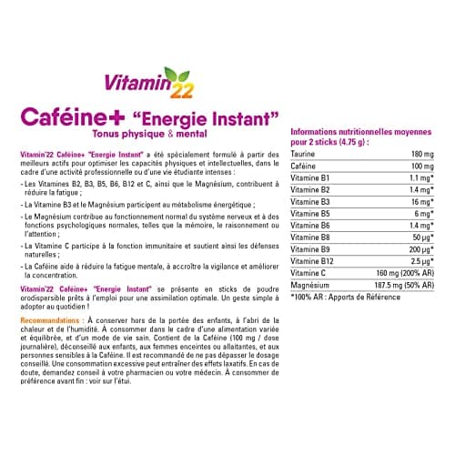 Vitamin'22 Caféine+ Energy Instant 14 sticks pour sportifs avant l'entraînement