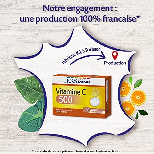 JUVAMINE Vitamine C 500 Comprimés Effervescents - Réduit la Fatigue, Soutient l'Immunité, 30 Comprimés, Arôme Orange