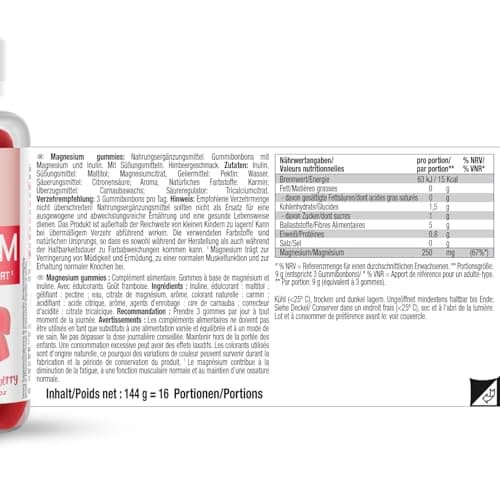 Magnésium gummies Weider goût framboise 250mg par dose sans gluten pour muscles et os - 48 gommes
