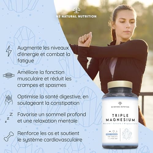 N2 Natural Nutrition Magnésium Trio (Bisglycinate, Citrate, Malate) 220 mg - Anti-Stress & Fatigue, Pour Digestion, Musc