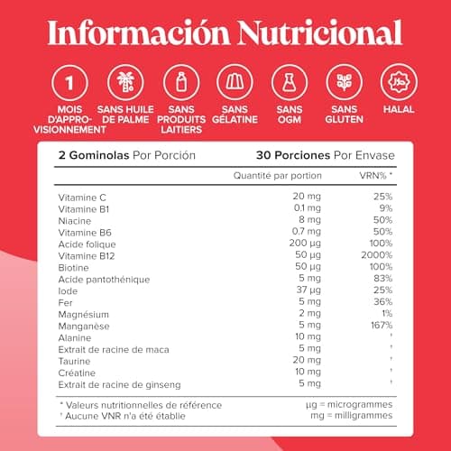 Gummies Énergie – Vitamines B6, B12, C + Créatine, Maca, Taurine & Ginseng – Réduction de la Fatigue & Métabolisme Énerg