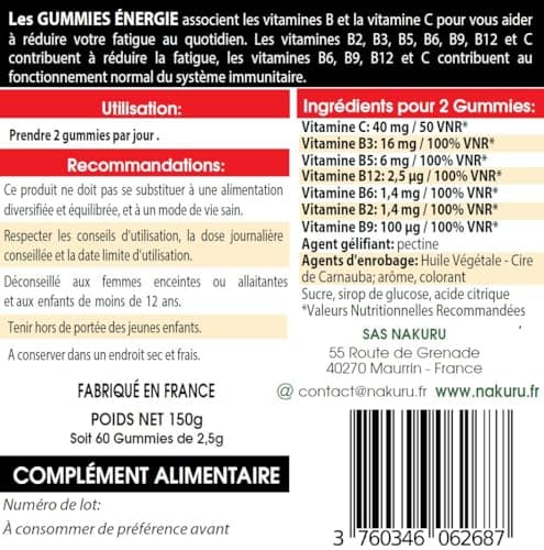 NAKURU Énergie Gummies Gamme Boost Saveur Fruit de la Passion Fabriqué en France 7 Vitamines C-B3-B5-B12-B6-B2-B9 60 Gum