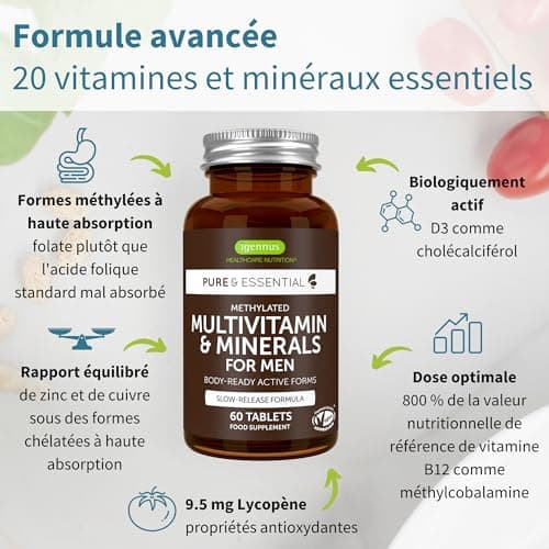 Multivitamines pour Hommes avec Lycopène, Zinc, Vitamine D3 Methylée, B6 & B12 Methylées pour Énergie, Immunité et Santé