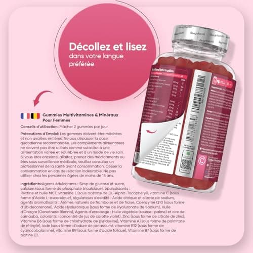 Multivitamines Femme Gummies Vegan 13 Vitamines Minéraux, Vitamine C E A B Zinc Iode Acide Hyaluronique Omega 6 9 90 Gum