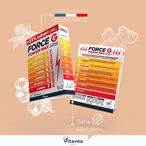 Vitavea - Force G Power Max Renforcer Énergie Immédiate - Ginseng, Gingembre, Guarana, Taurine, Arginine, Vitamine C, Ca