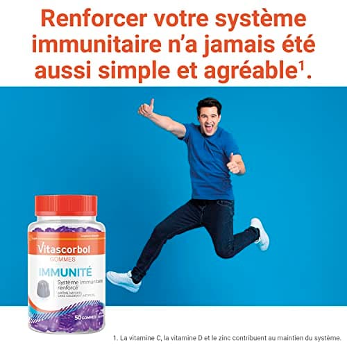 VITASCORBOL Gommes immunité Multivitamines - 4 Vitamines 2 Minéraux - Sureau Goût Fruits Rouges Naturel - 50 Gommes, Com