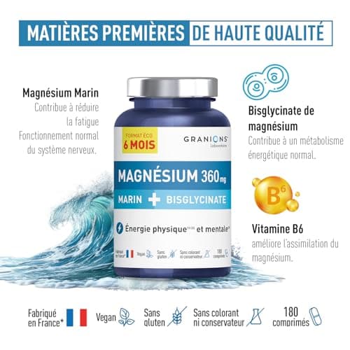 GRANIONS Magnésium Marin + Magnésium Bisglycinate | Bien-être anti-stress | 180 Comprimés | Format 6 mois